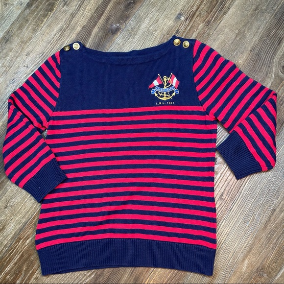 Ralph Lauren Sweater Striped Gold Buttons Nautical Crest Red Navy Blue Sz L - Picture 2 of 10